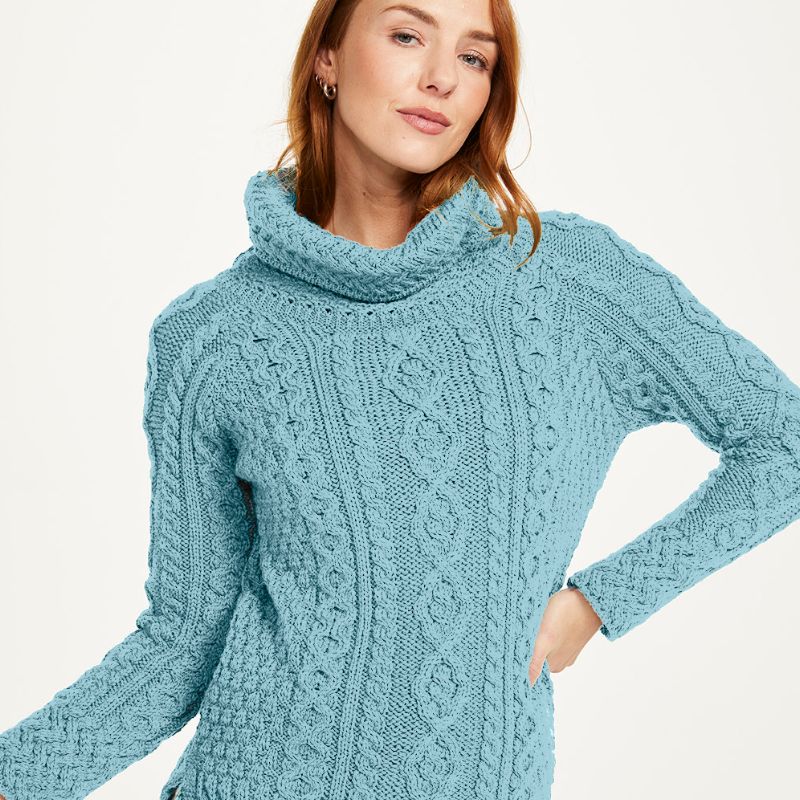 A191162 Women's Irish Aran Sweater with Roll Neck Misty Blue Creative Irish gift
