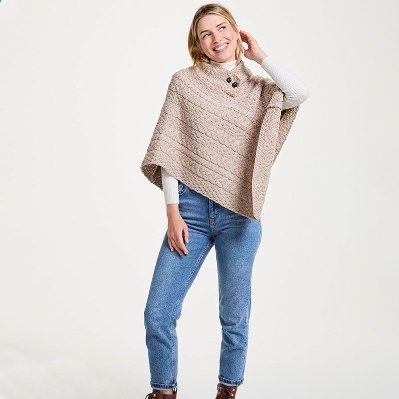 Aran Cable & Basket Merino Wool Poncho Wicker Creative Irish Gift