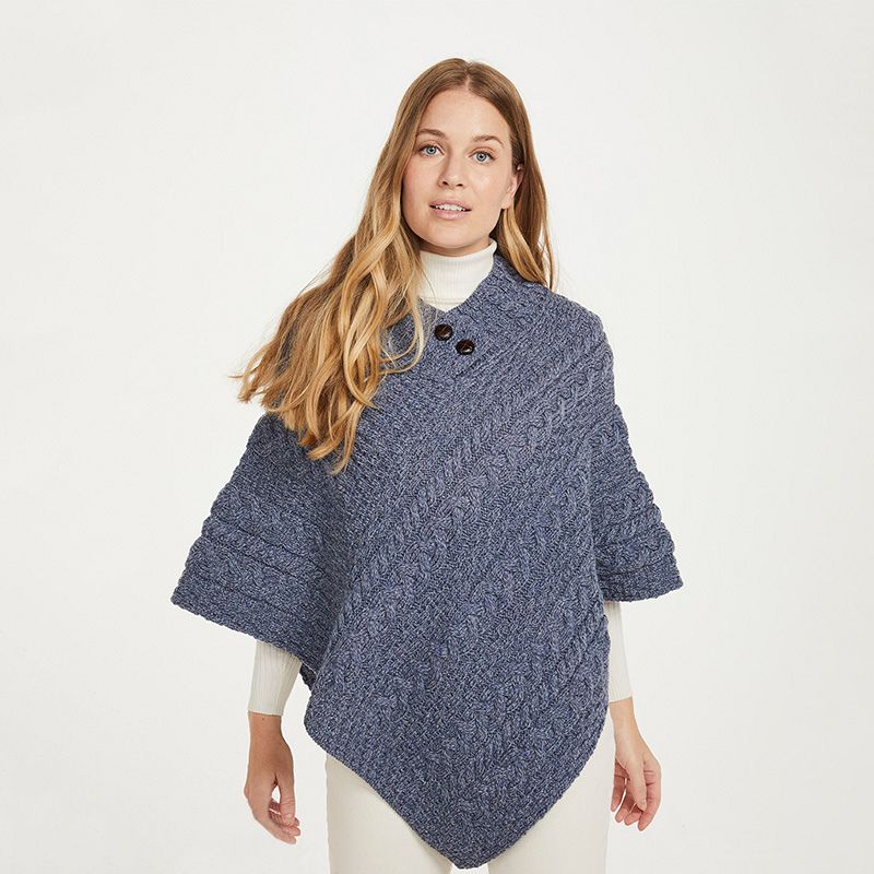 Aran Cable & Basket Merino Wool Poncho Denim Blue Front View Creative Irish Gift