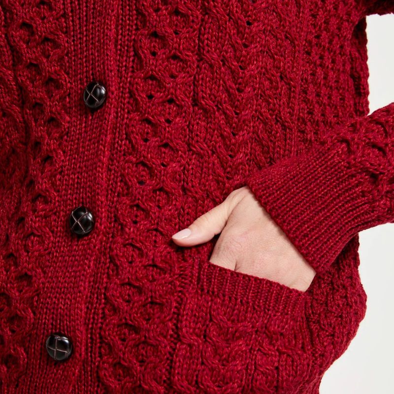 Aran Knitted Merino Wool Cardigan Red Creative Irish Gift