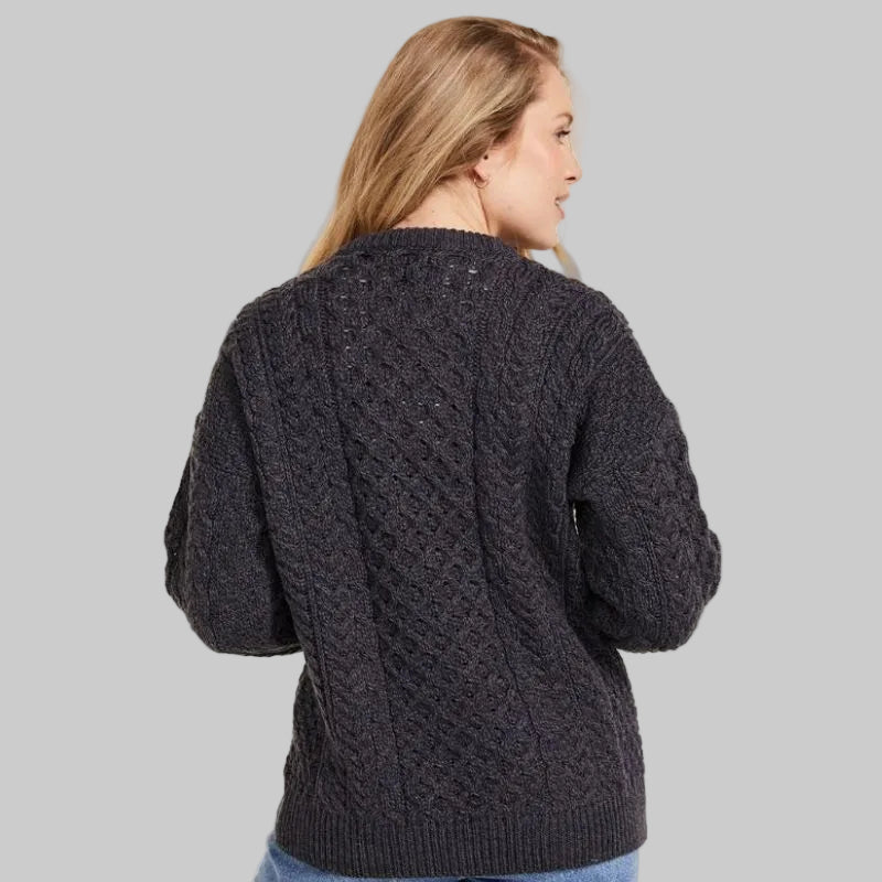 Aran Knitted Merino Wool Cardigan Charcoal Back View Creative Irish Gift