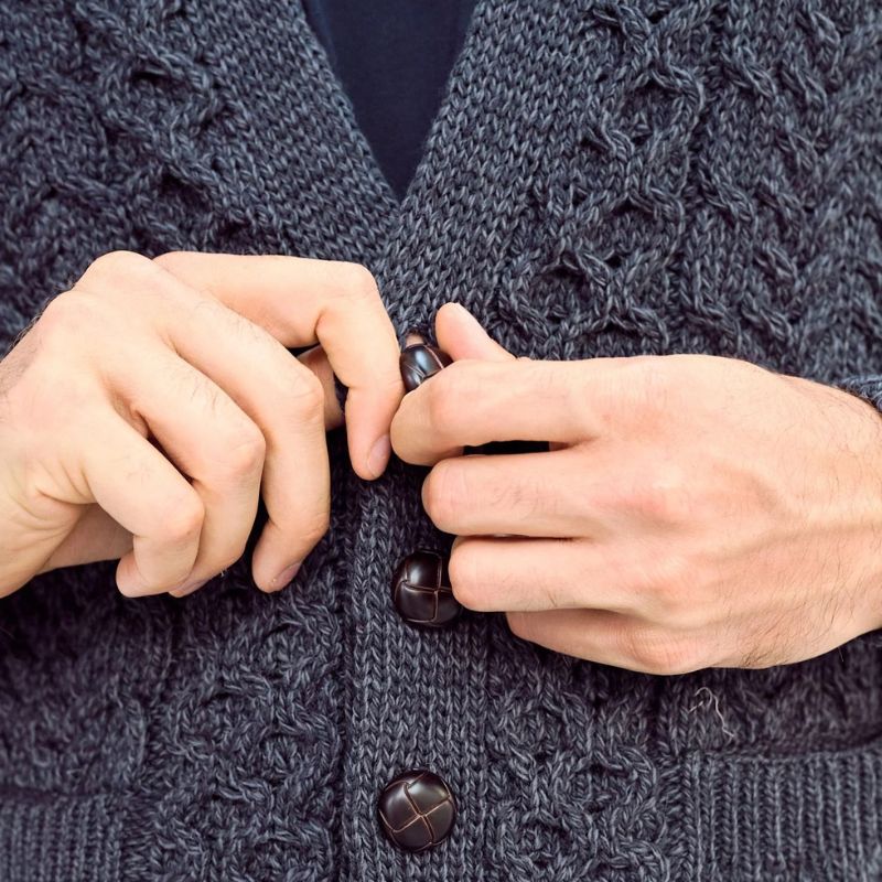 Men's Aran V-Neck Merino Wool Cardigan Charcoal Studio Creative Irish Gift