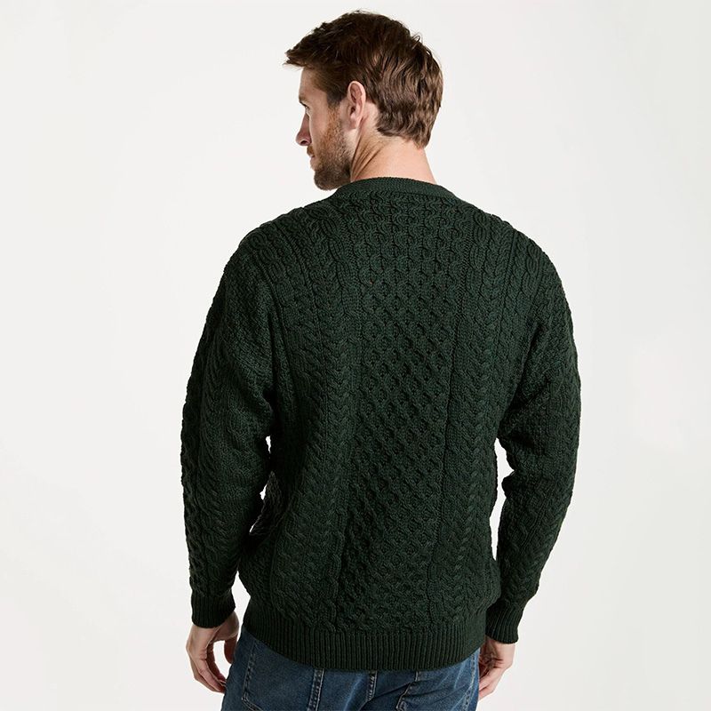 Men's Aran V-Neck Merino Wool Cardigan Green Back View Creative Irish Gift