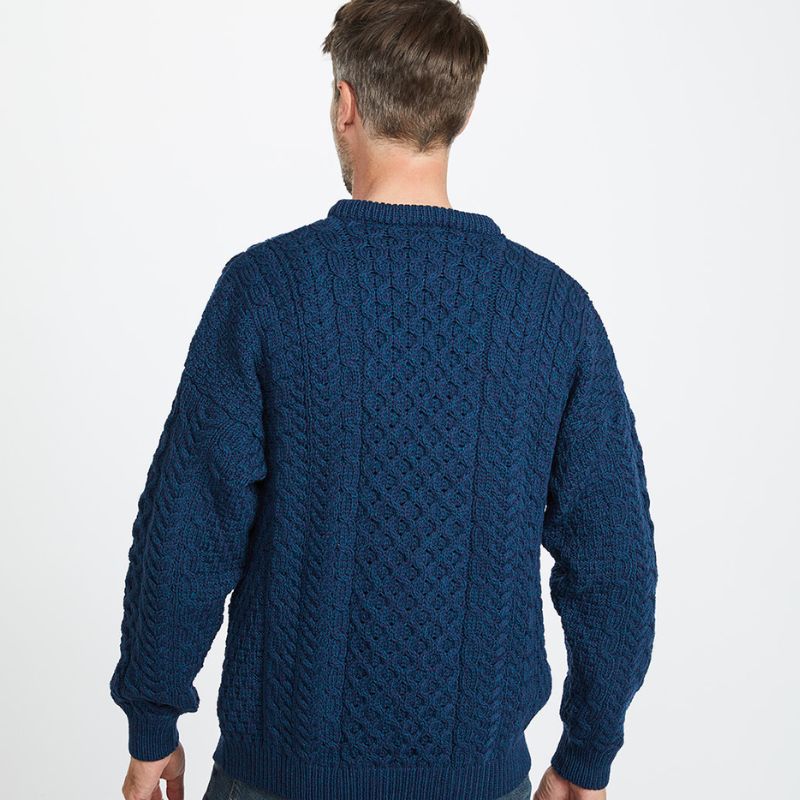 A823 Aran Fisherman Merino Wool Crew Neck Sweater Atlantic Blue Creative Irish Gift.