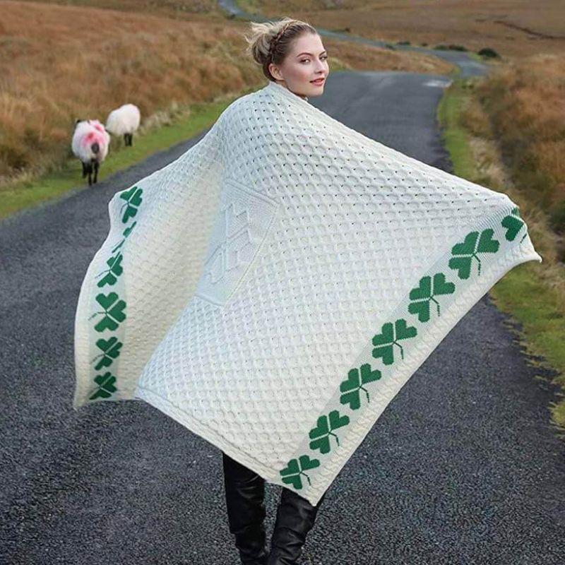 A962 Merino Wool Shamrock Stitch Irish Throw, White Creative Irish Gift