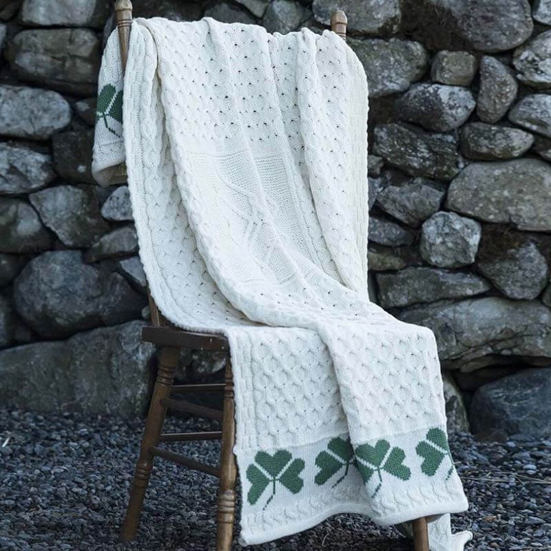 A962 Merino Wool Shamrock Stitch Irish Throw, White Lifestyle Creative Irish Gift