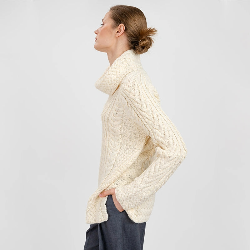 AWL118-300 Women's Aran Cowl Neck Sweater, Natural Side View Creative Irish Gifts