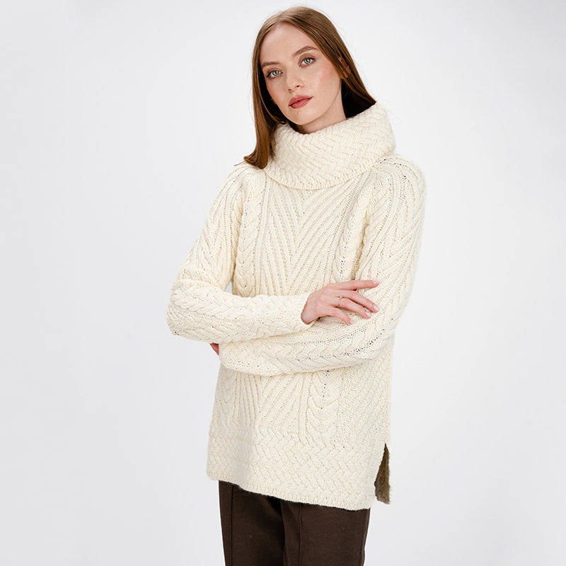 AWL118-300 Women's Aran Cowl Neck Sweater, Natural Creative Irish Gifts