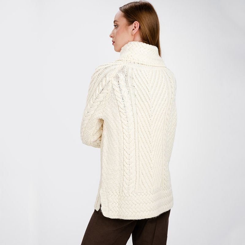 AWL118-Women's Merino Wool Irish Turtleneck Sweater White Back View Creative Irish Gift