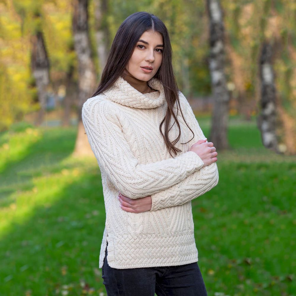 AWL118-Women's Merino Wool Irish Turtleneck Sweater White Lifestyle Creative Irish Gift