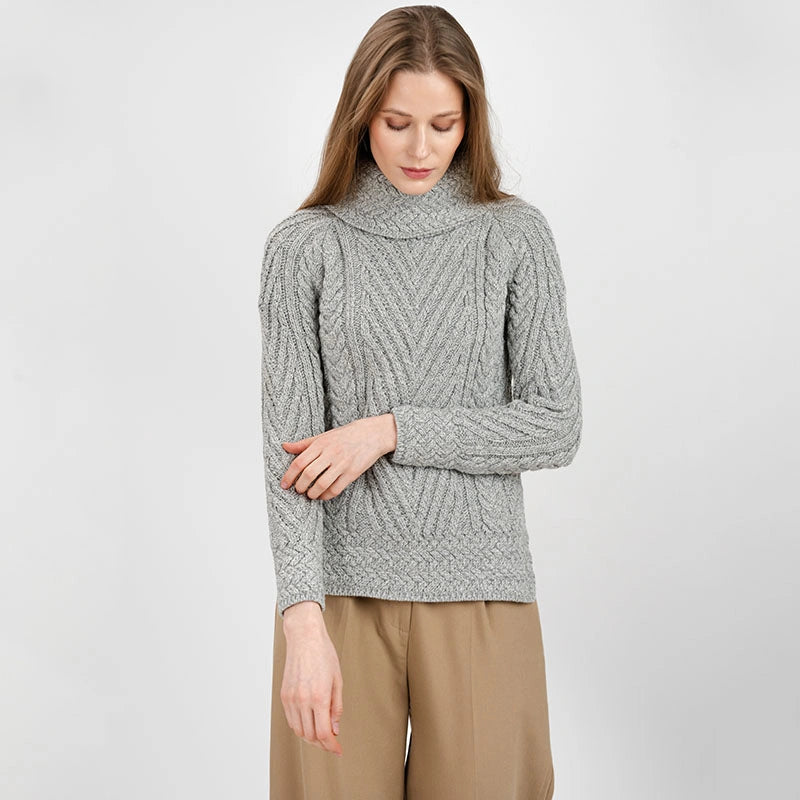 AWL118-303 Women's Aran Cowl Neck Sweater, Grey Creative Irish Gifts