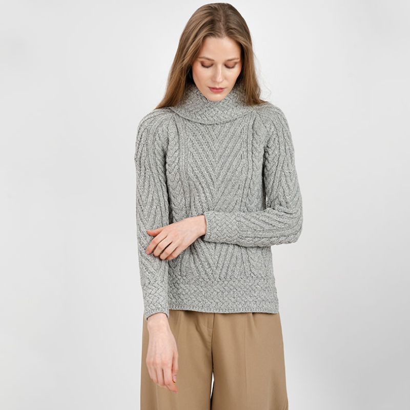 AWL118-Women's Merino Wool Irish Turtleneck Sweater Grey Front View Creative Irish Gift