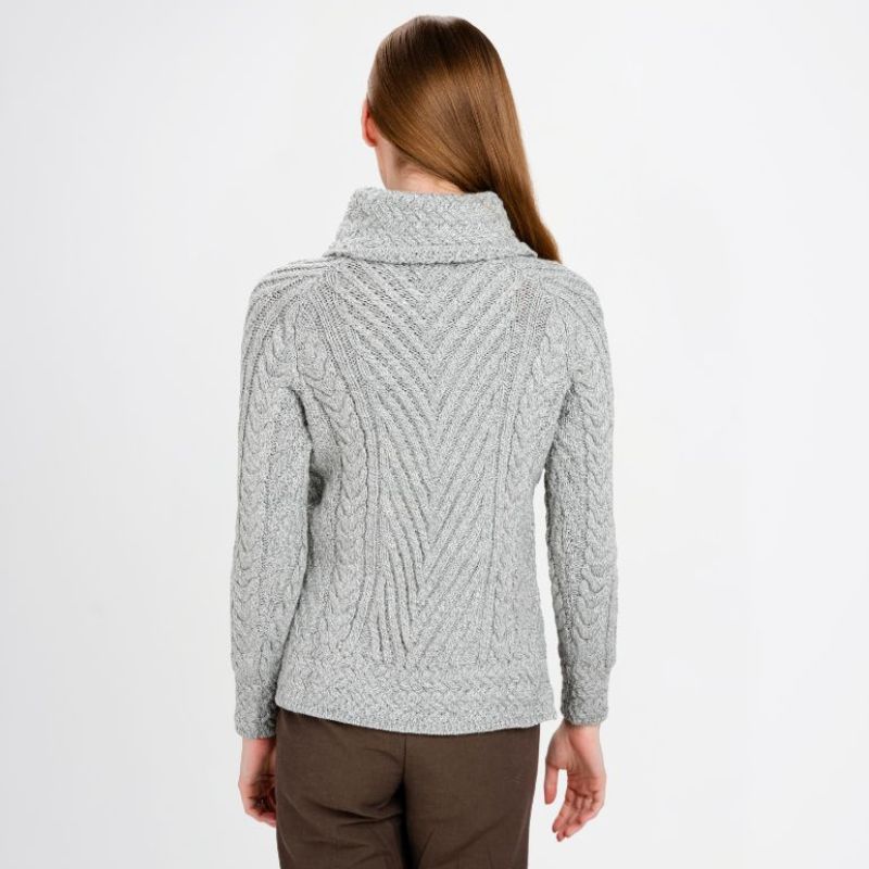AWL118-Women's Merino Wool Irish Turtleneck Sweater Grey Back View Creative Irish Gift