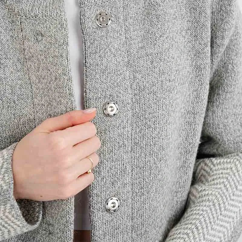 AWL320-303 Women's Wool Aran Herringbone Coat, Grey Buttons Close Up Creative Irish Gifts
