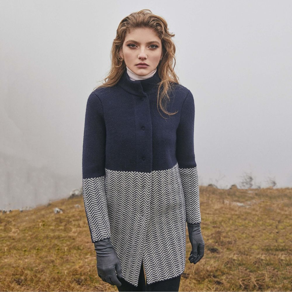Women's Aran Knit Herringbone Coat, Navy Creative Irish Gifts
