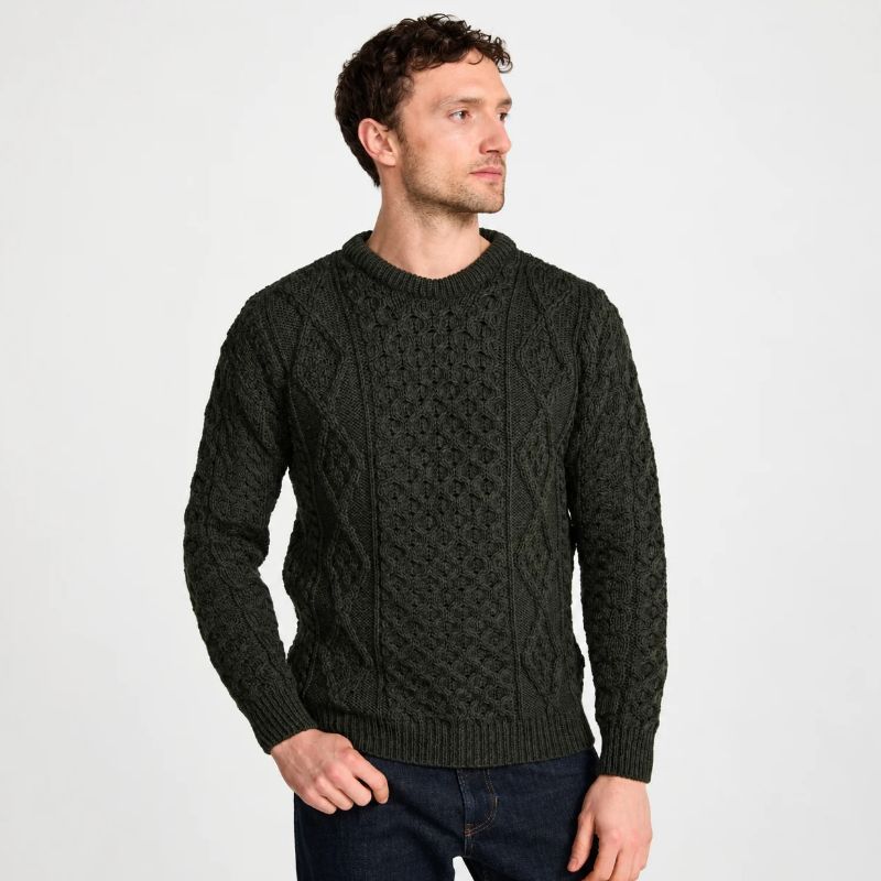 Men's Traditional Wool Irish Aran Sweater Green Studio Creative Irish Gifts