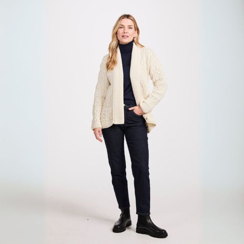 Women's Aran Merino Wool Shawl Cream Studio Cardigan Creative Irish Gift