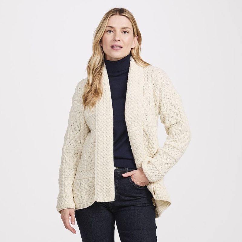 Women's Aran Merino Wool Shawl Cardigan Cream Creative Irish Gift