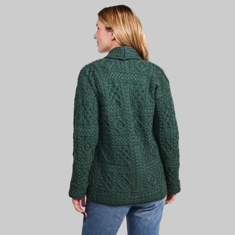 Women's Aran Merino Wool Shawl Green Back View Cardigan Creative Irish Gift