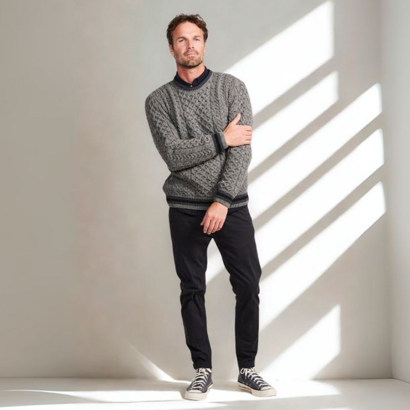 Men's Traditional Aran Crewneck Sweater Grey Studio Creative Irish Gift