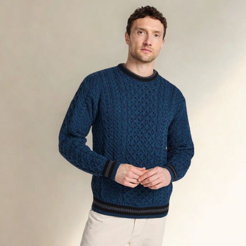 Men's Traditional Aran Crewneck Sweater Blue Creative Irish Gift