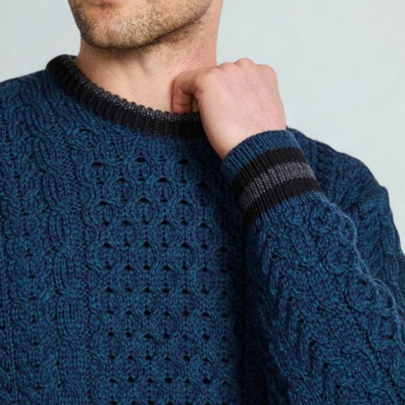 Men's Traditional Aran Crewneck Sweater Blue Creative Irish Gift