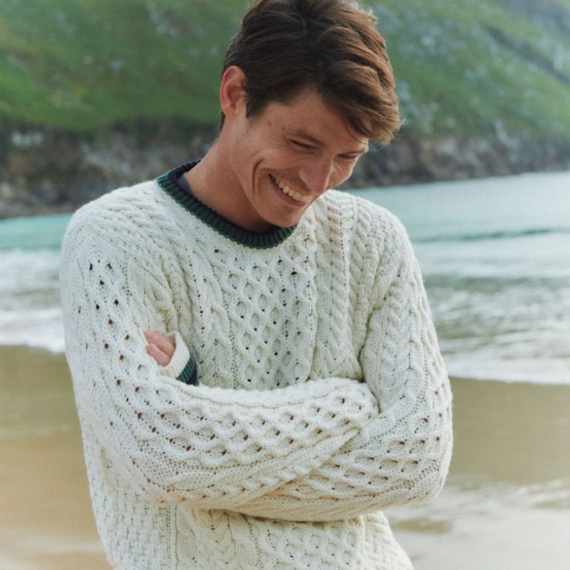Men's Traditional Aran Crewneck Sweater White Front View Creative Irish Gift