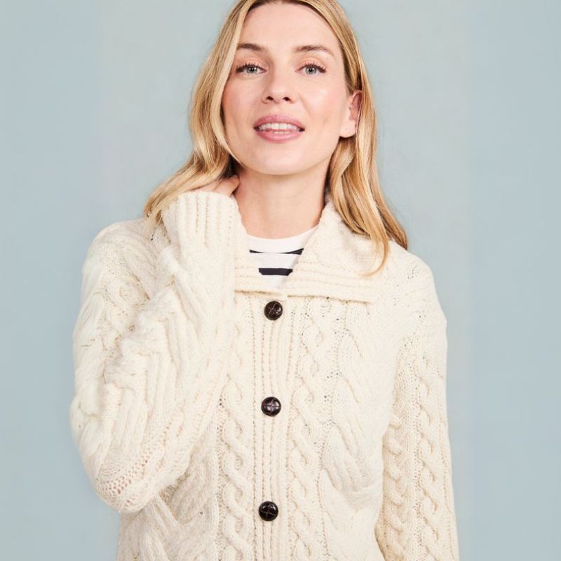 Aran Knitted Merino Wool Cardigan with Buttons White Creative Irish Gift