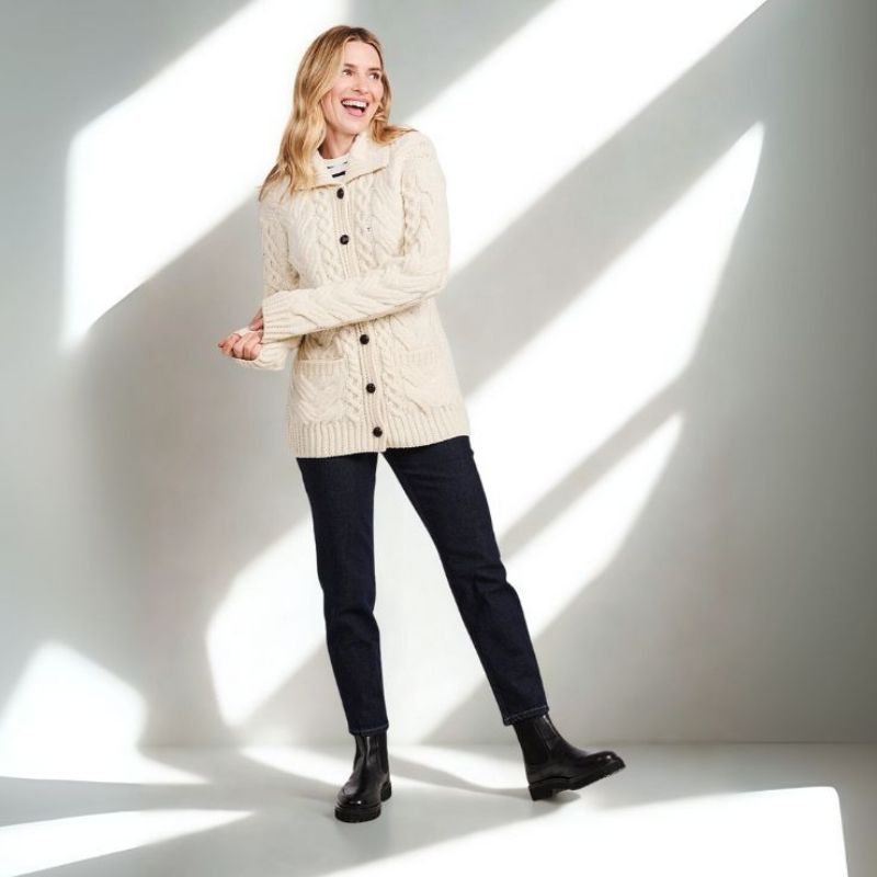 Aran Knitted Merino Wool Cardigan with Buttons White Front View Creative Irish Gift