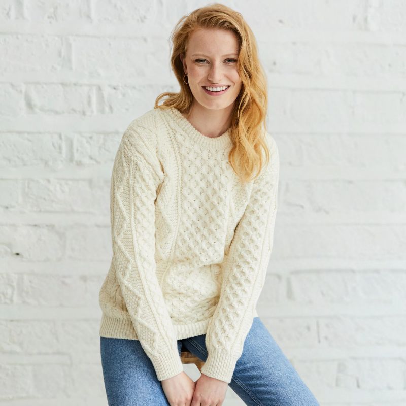 Ladies' SuperSoft Merino Irish Crew Neck Sweater White studio Creative Irish Gifts