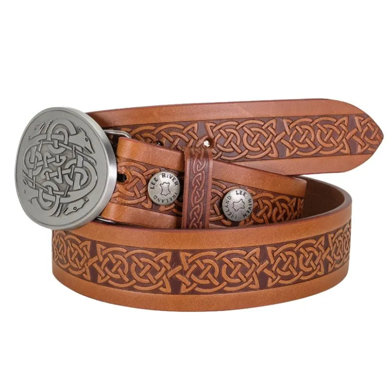 B22020 Celtic Hounds Leather Belt with Buckle, Brown Creative Irish gift