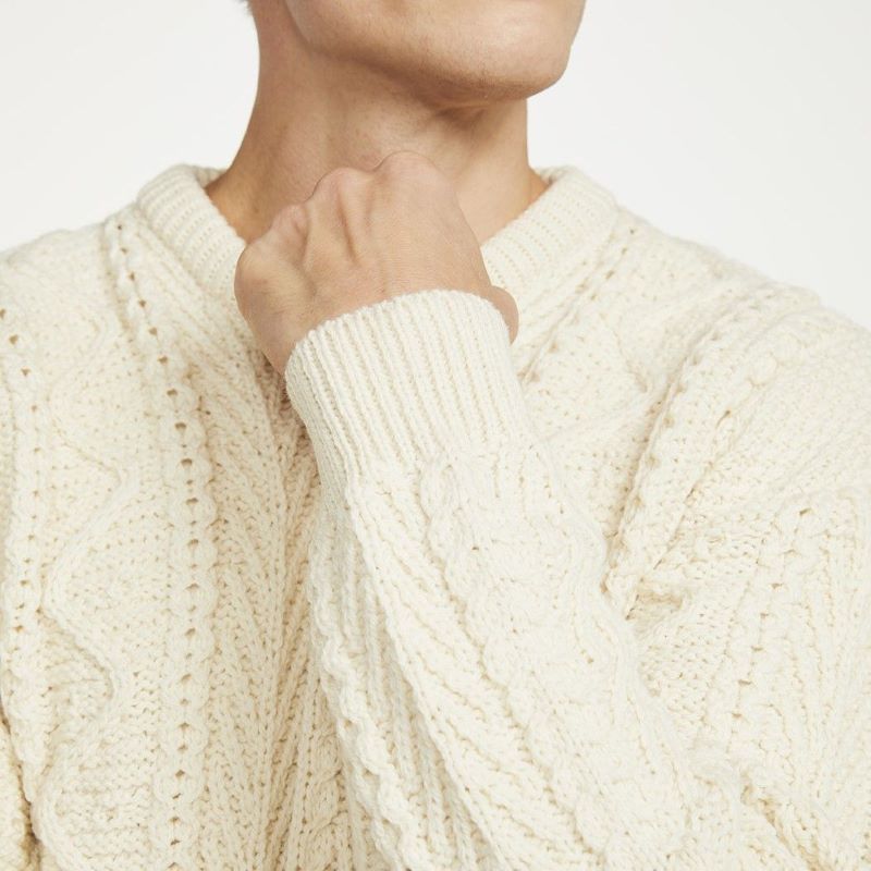 Men's Merino Wool Crew Neck Fisherman Sweater White Creative Irish Gifts