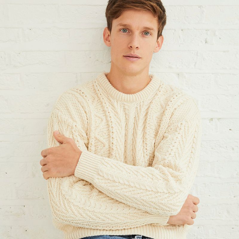 Men's Merino Wool Crew Neck Fisherman Sweater White Creative Irish Gifts