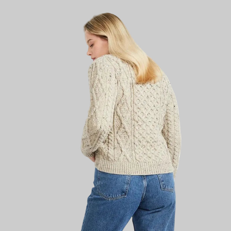 Women's Traditonal Aran Knitted Wool Cardigan Back View Creative Irish Gift