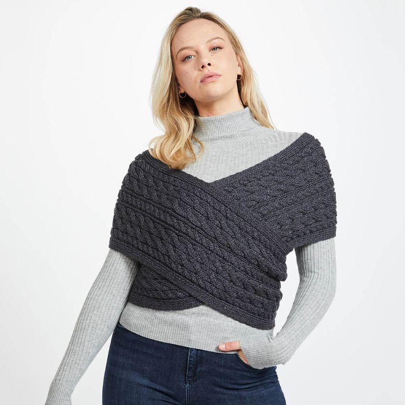 Aran Cable Merino Wool Wrap with Buttons Charcoal Creative Irish Gift
