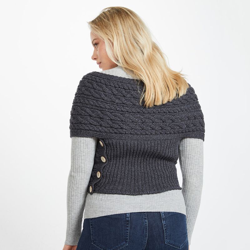 Aran Cable Merino Wool Wrap with Buttons Charcoal Back View Creative Irish Gift