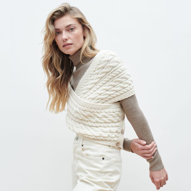 Aran Cable Merino Wool Wrap with Buttons White Creative Irish Gift