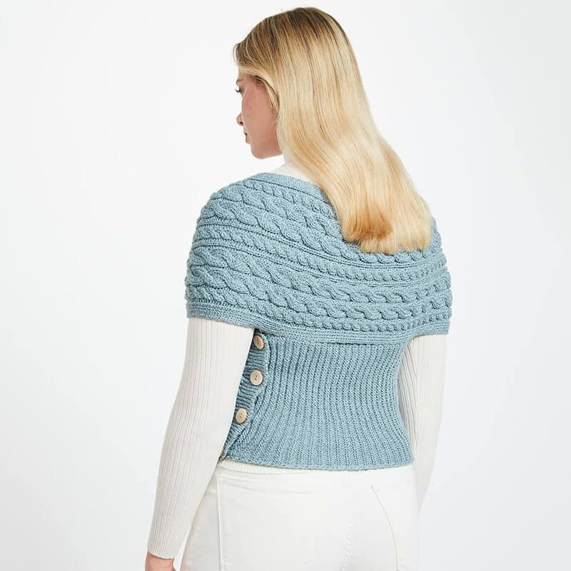 Aran Cable Merino Wool Wrap with Buttons Blue Back View Creative Irish Gift
