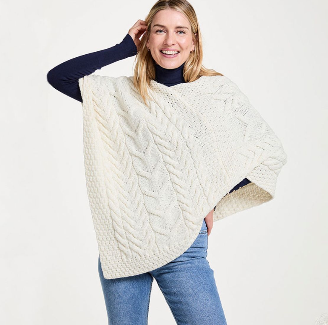 Aran Knit Merino Wool Poncho White studio Creative Irish Gift