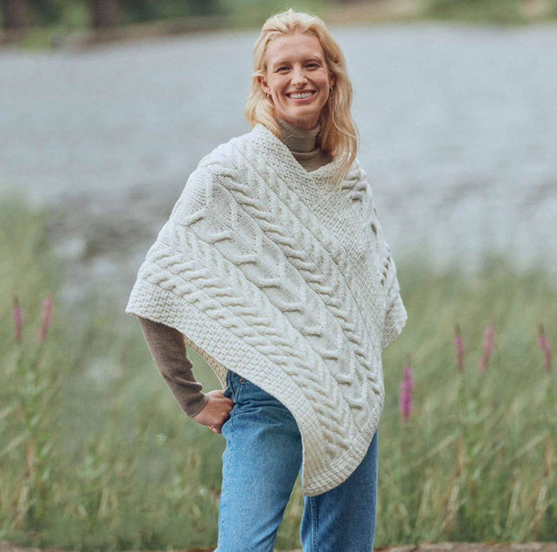 Aran Knit Merino Wool Poncho White Lifestyle Creative Irish Gift