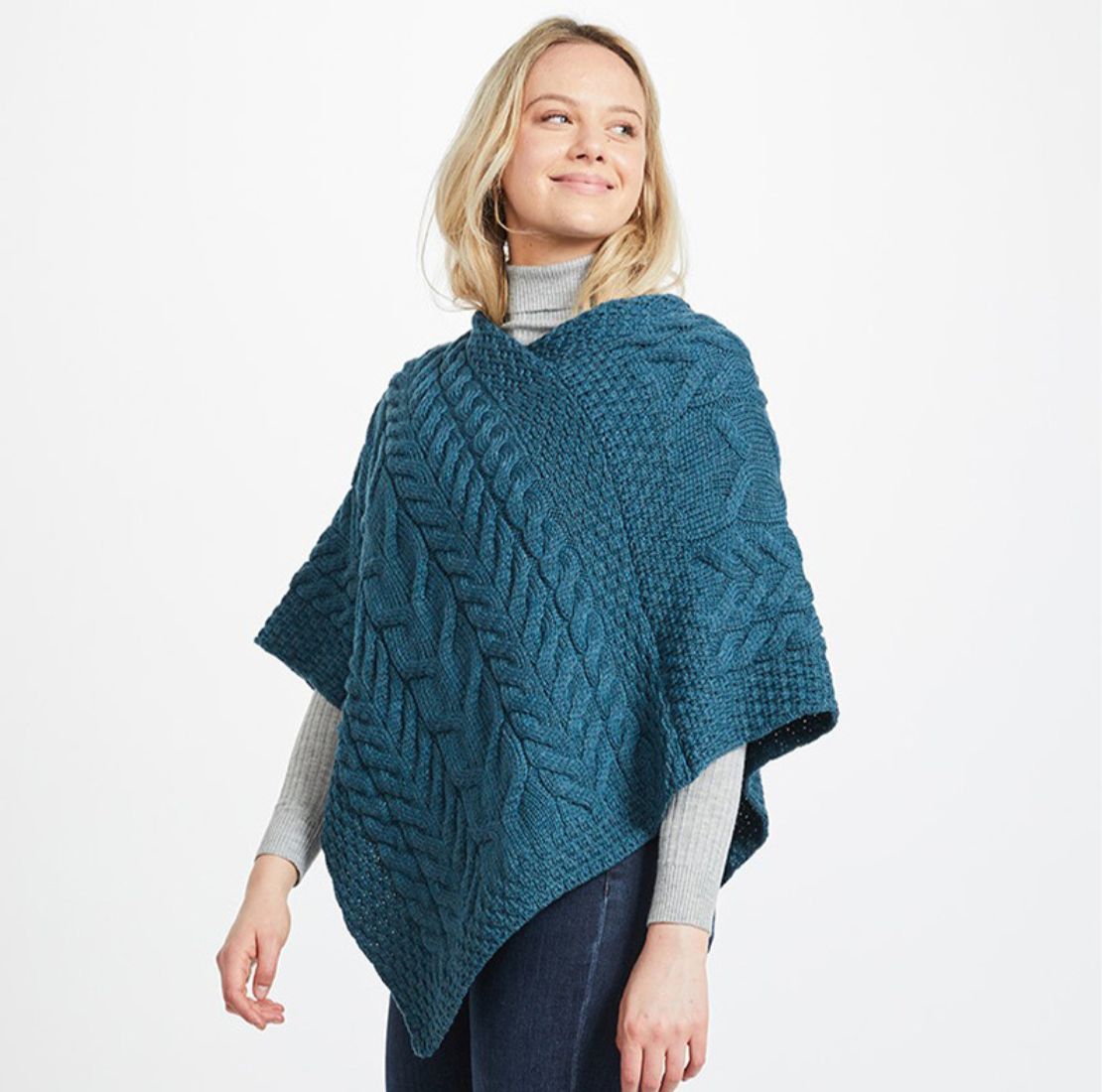 Aran Knit Merino Wool Poncho Teal Creative Irish Gift
