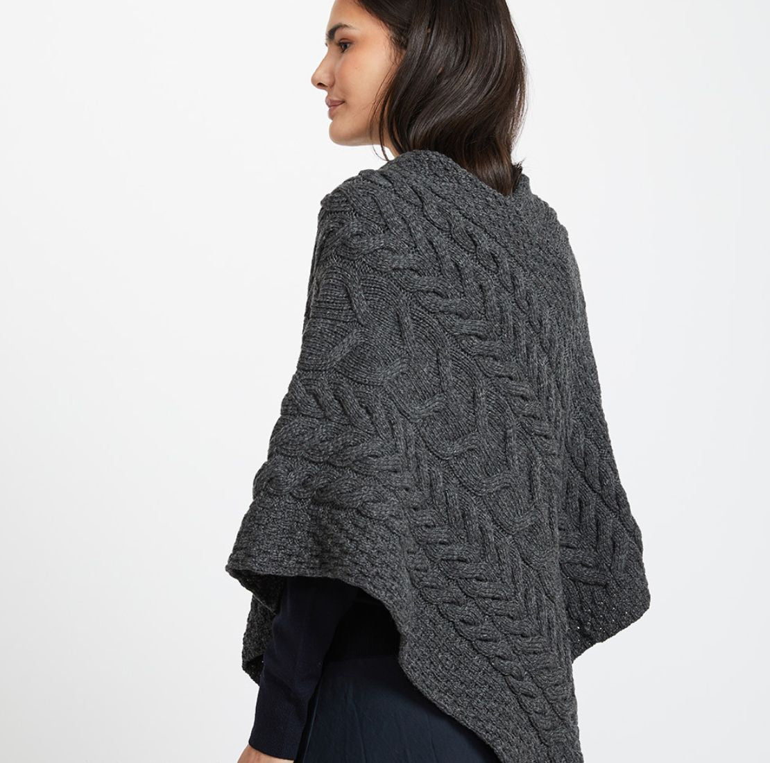 Aran Knit Merino Wool Poncho Grey Side View Creative Irish Gift