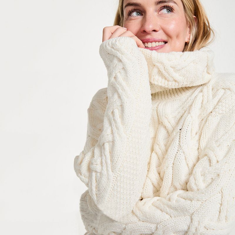 Women's Cable Knit SuperSoft Merino Wool Sweater White studio Creative Irish Gifts