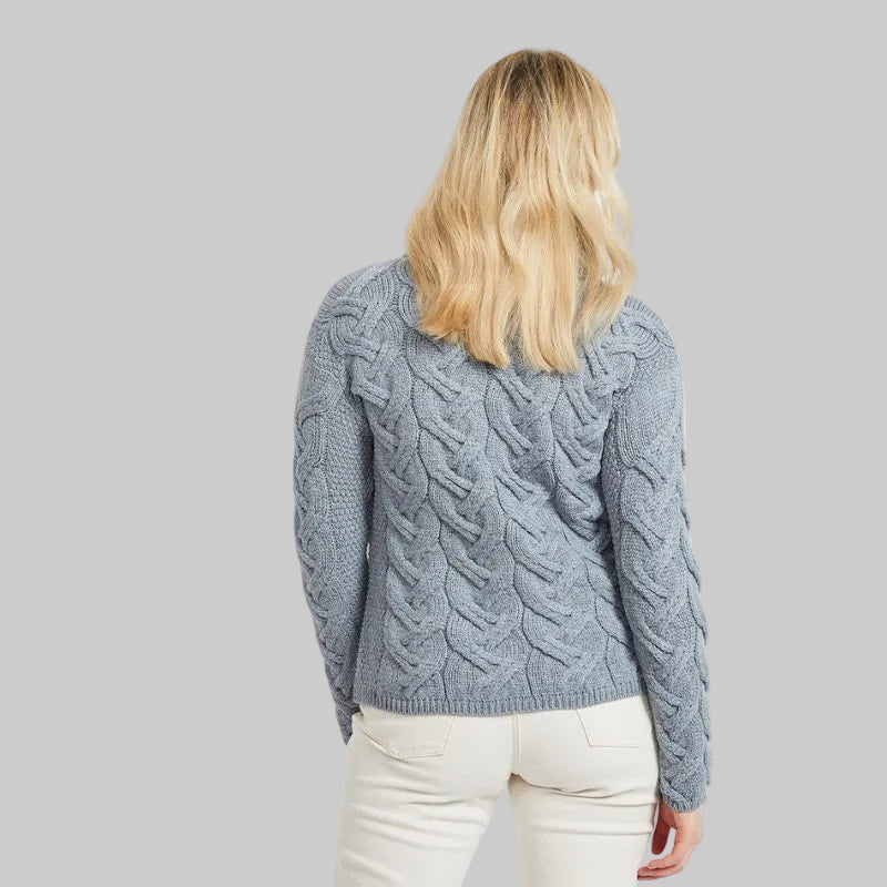 Women's Cable Knit SuperSoft Merino Wool Sweater Ocean Grey back view Creative Irish Gifts