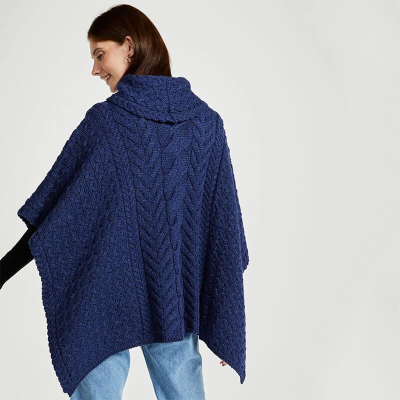 Aran Cable Knit Supersoft Wool Poncho Blue back view Creative Irish Gifts