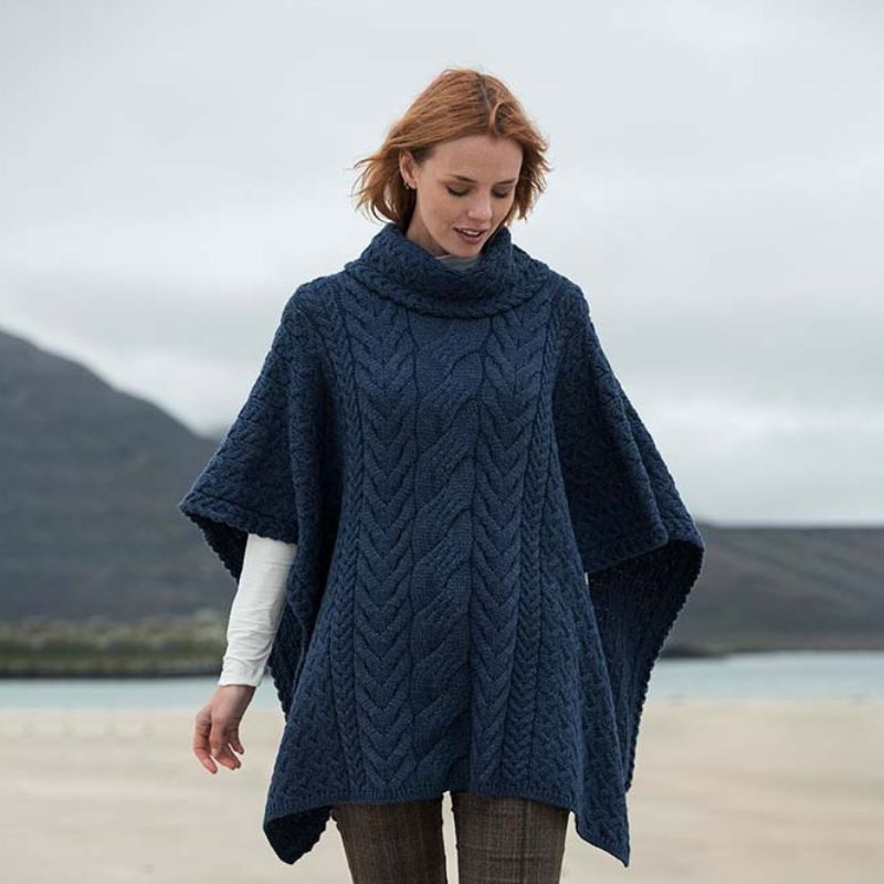 Aran Cable Knit Supersoft Wool Poncho Blue Lifestyle Creative Irish Gifts