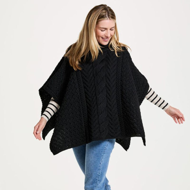 Aran Cable Knit Supersoft Wool Poncho Black Creative Irish Gifts