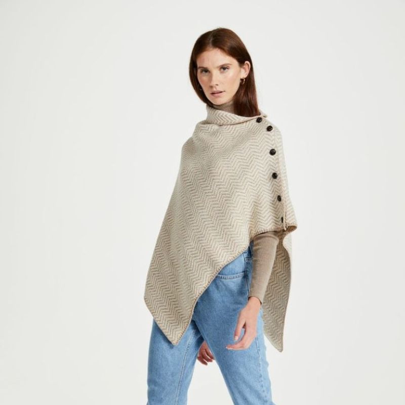 Asymmetrical Herringbone Wool Poncho with Buttons White Creative Irish Gifts