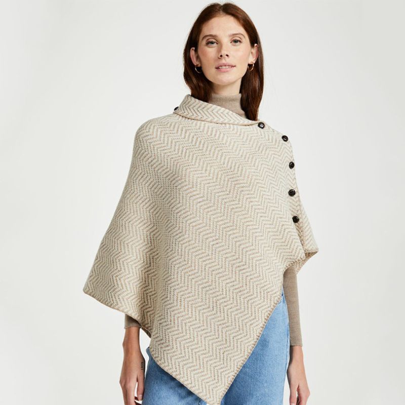Asymmetrical Herringbone Wool Poncho with Buttons White Creative Irish Gifts