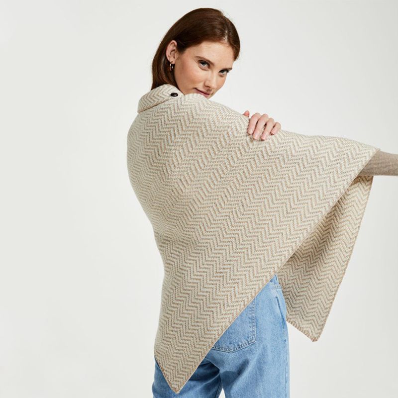 Asymmetrical Herringbone Wool Poncho with Buttons White Creative Irish Gifts